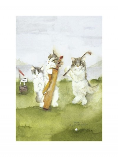 Dede Moser, Giugno (Katzen, Haustiere, Tiere, golfspielende Katzen, Sport, witzig, Humor, Katzenfamilie,  niedlich, Antropomorphismus, Aquarell, Treppenhaus, Wohnzimmer,)