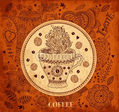 moleskostudio, Vintage vector background with coffee cup (kaffeetasse, kaffee, kaffeebohne, mustern, hintergrund, alt, altmodisch, karton, retro, papier, textur, kaffee, vögel, karte, menü, essen, gastronomie, bücher, deko, label, rahmen, deckung, floral, blume, vektor, entwerfen, verziert, urlaub, elemen)