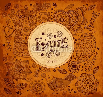 moleskostudio, Vintage vector coffee background (kaffee, kaffeebohne, mustern, hintergrund, alt, altmodisch, karton, retro, papier, textur, kaffee, vögel, karte, menü, essen, gastronomie, bücher, deko, label, rahmen, deckung, floral, blume, vektor, entwerfen, verziert, urlaub, element, zeichnun)