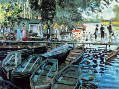 Claude Monet, Bathers at la Grenouillers (Impressionismus, Malerei,Badende, Boote, Ruderboote, Bootsanleger, Fluss, Frankreich, Schlafzimmer, Wohnzimmer, Wintergarten, bunt, Klassiker)