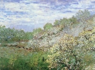 Claude Monet, Bäume in Blüte (Impressionismus, Malerei, Landschaft, blühende Bäume, Frühling, Idylle, Natur, Frankreich, Schlafzimmer, Wohnzimmer, Wintergarten,bunt,Klassiker)