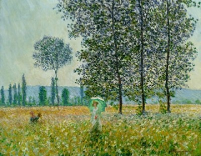 Claude Monet, Sunlight Under The Poplars (Impressionismus, Malerei, Landschaft, Bäume, Pappeln, Spaziergängerin, Frau, Sonnenschirm, Blumen, Blüten, Idylle, Frankreich, Schlafzimmer, Wohnzimmer, Wintergarten,bunt, Klassiker)