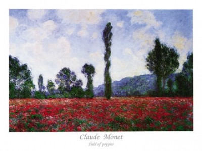 Claude Monet, Field of Poppies (Impressionismus, Malerei, Mohnblumen, Mohnblumenfeld, Blumen, Blüten, Idylle, Frankreich, Schlafzimmer, Wohnzimmer, Wintergarten,bunt,Klassiker)