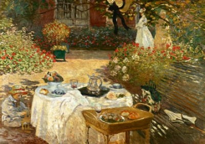 Claude Monet, The Luncheon: Monet \'s Garden at Argenteuil (Impressionismus, Malerei, Garten, Gartenterrasse, Mittagessen, Picknik, Frau, Eleganz,  Blumen, Blüten, Idylle, Natur, Frankreich, Schlafzimmer, Wohnzimmer, Wintergarten, bunt, Klassiker)