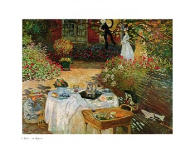 Claude Monet, The Luncheon: Monet \'s Garden at Argenteuil (Impressionismus, Malerei, Garten, Gartenterrasse, Frau, Eleganz, Mittagessen im Freien, Picknik, Blumen, Blumenbeet, Blüten, Idylle, Natur, Frankreich, Schlafzimmer, Wohnzimmer, Wintergarten, bunt,Klassiker)