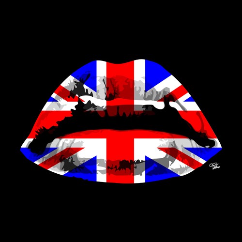Morgan Paslier, England Kiss (Mund, Kuss, Verführung, Flagge, England, Großbritannien, Lippen, modern, Pop Art, Grafik,  Wohnzimmer, Jugendzimmer, Wunschgröße, bunt)