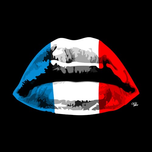 Morgan Paslier, French Kiss (Mund, Kuss, Verführung, Flagge, Frankreich, Lippen, modern, Pop Art, Grafik,  Wohnzimmer, Jugendzimmer, Wunschgröße, bunt)