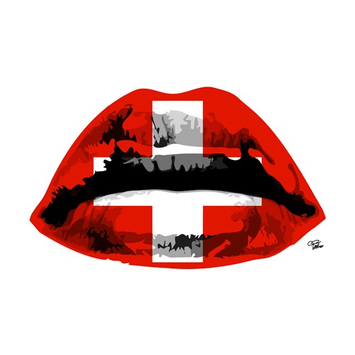 Morgan Paslier, Switzerland Kiss (Mund, Kuss, Verführung, Flagge, Schweiz, Lippen, modern, Pop Art, Grafik,  Wohnzimmer, Jugendzimmer, Wunschgröße, bunt)