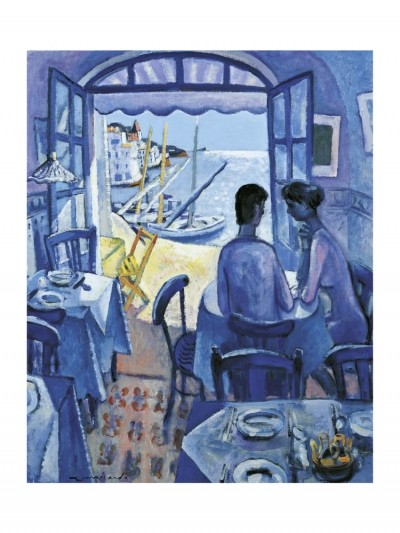 Moscardo Ramon, Cadaques - Blue Sunset (Interieur, Restaurand, Lokal, Spanien,Sommer, Ausblick, Meer, Pärchen, Paar, Moderne, Postimpressionismus,  Wohnzimmer, blau)