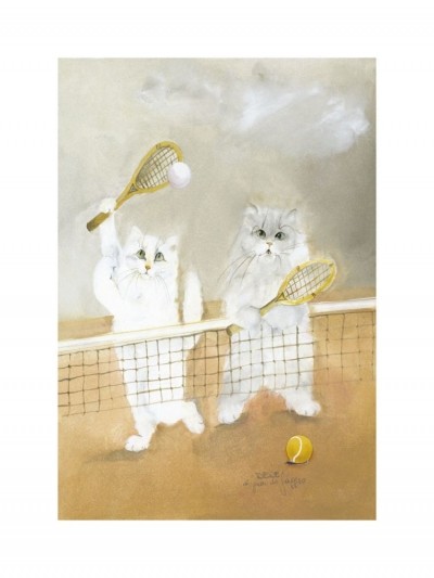 Dede Moser, Luglio (Katzen, Haustiere, Tiere, tennisspielende Katzen, Sport, witzig, Humor, Katzenfamilie,  niedlich, Antropomorphismus, Aquarell, Treppenhaus, Wohnzimmer,)