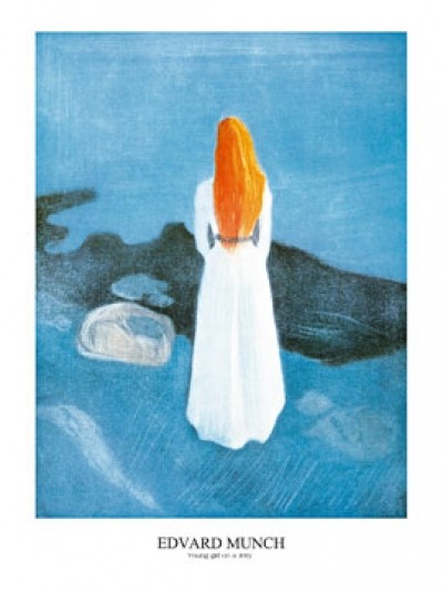 Edvard Munch, Young girl on a Jetty (Meer, Mädchen, junges Mädchen, Steg, Sehnsucht, Unschuld, mystisch, Klassiker, Expressionismus, Wohnzimmer, Treppenhaus, bunt)