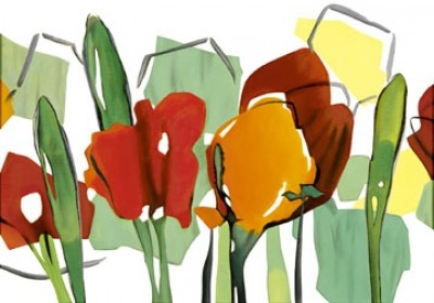 Walter Muth, Rote Blumen Trilogie II (Malereik, Modern, Blumen, floral, Blüten, Blätter, dekorativ, Esszimmer, Wohnzimmer, Treppenhaus, bunt)