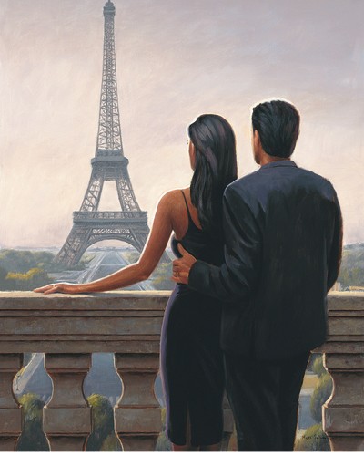 Myles Sullivan, Big City Rendezvous (Liebespaar, Zärtlichkeit, Trocadero, Aussicht, Eiffelturm, Paris, Eleganz, Sommer, Nostalgie, American Scene, Realismus, Malerei, Treppenhaus, Schlafzimmer, Wohnzimmer, bunt)