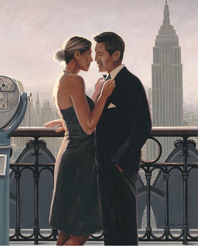 Myles Sullivan, International Rendezvous (Liebespaar, Zärtlichkeit, Brücke, Eleganz, New York, Chrysler Building, Sommer, Nostalgie, American Scene, Realismus, Malerei, Treppenhaus, Schlafzimmer, Wohnzimmer, bunt)