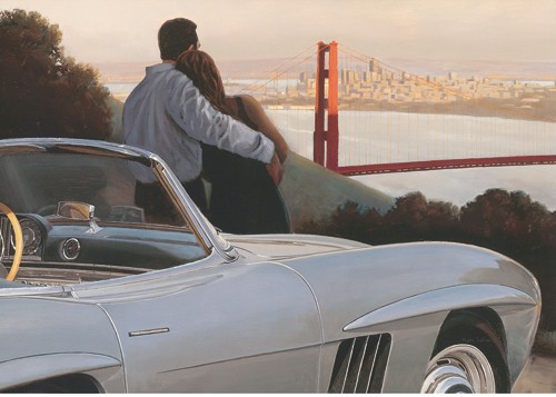 Myles Sullivan, Nostalgic View (Straßenkreuzer, Oldtimer, Auto, Liebespaar, Eleganz, Golden Gate Brücke, San Franzisco, Skyline,   American Scene, Realismus, Malerei, Treppenhaus, Schlafzimmer, Wohnzimmer, bunt)