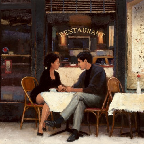 Myles Sullivan, Rendezvouz (Bar, Straßencafé, Paar, Rendevouz, Date, Frankreich, Realismus, Malerei, Gastronomie, Esszimmer, Wohnzimmer, bunt)