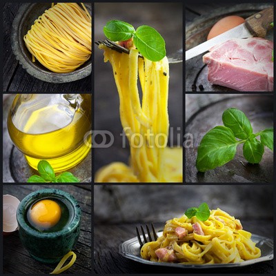 mythja, Pasta carbonara collage (hintergrund, basilikum, käse, chefkoch, kirsche, collage, sammlung, konzept, kochen, kochen, küche, abendessen, gericht, flavour, essen, abzweigungen, gesund, kraut, zutaten, italienisch, italien, luxus, makkaroni, mahlzeit, mittelmeer, öl, olive)