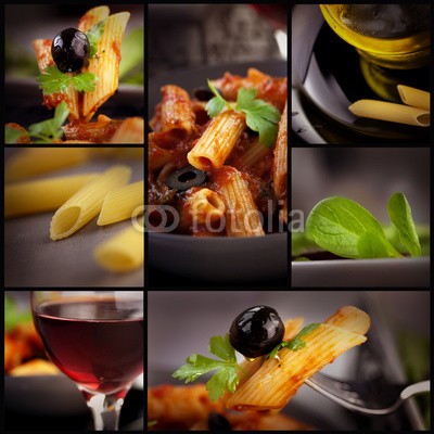 mythja, Penne with olives collage (basilikum, käse, kirsche, collage, sammlung, sätze, küche, köstlich, abendessen, gericht, flavour, penne, essen, abzweigungen, knoblauch, grün, gesund, kraut, zutaten, italienisch, italien, makkaroni, mahlzeit, mittelmeer, öl, oliven, oregan)