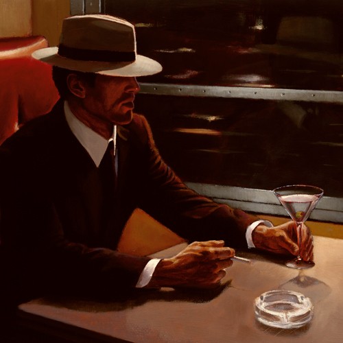 Myles Sullivan, Dry Martini Crop I (Bistro, Speisewagen, Zug, Tisch, Gast, Martini, Eleganz, Bar,  Getränke, American Scene, Realismus, Malerei, Gastronomie, Esszimmer, Wohnzimmer, bunt)