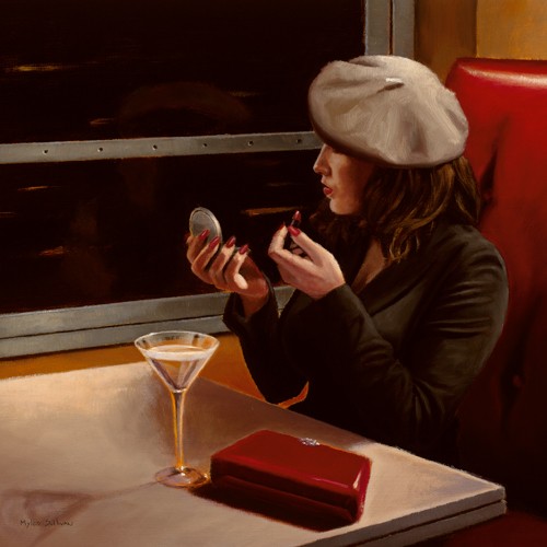 Myles Sullivan, Dry Martini Crop II (Bistro, Speisewagen, Zug, Tisch, Gast, Frau, Schminken, Martini, Eleganz, Bar,  Getränke, American Scene, Realismus, Malerei, Gastronomie, Esszimmer, Wohnzimmer, bunt)