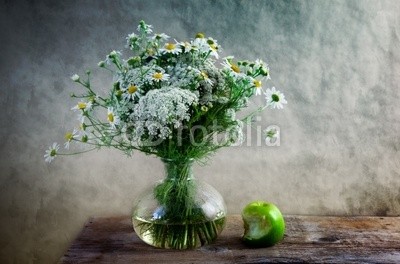 Nailia Schwarz, Stilleben mit Blumen und Apfel (stilleben, stilleben, vase, äpfel, malerei, picturesque, glas, antikes, blume, braun, decke, dekoration, dekorativ, gelb, grün, kapsel, classic, classic, lebensstil, pflanze, retro, romantisch, spitze, weiß, wohne)