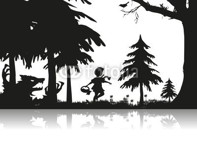 namosh, Das Rotkäppchen begegnet dem Wolf (rotkäppchen, wald, wölfe, mädchen, rot, silhouette, silhouette, silhouette, original, muster, ausschnitt, theater, spiel, szene, märchen, geschichte, rage, story, aufgebracht, großmutter, wind, körbe, kranz, haare, laufen, besuc)