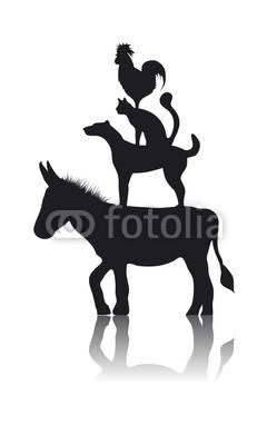 namosh, Die Bremer Stadtmusikanten (bremen, katze, zapfen, fabel, freundinnen, geschichte, rage, abbildung, illustriert, musiker, musiker, märchen, tier, silhouette, silhouette, hausesel, hun)