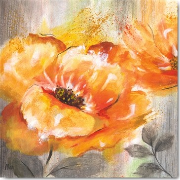 Nan, Orange Crush I (Malerei, Blumen, Blüten, orange Rosen, Sommer, Treppenhaus, Wohnzimmer, Wintergarten, orange / grau)
