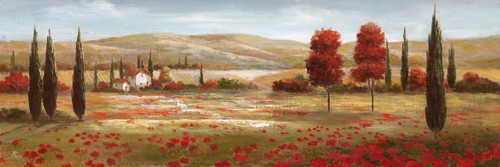 Digitaldruck Nan, Tuscan Poppies II (Wunschgröße, Malerei, Italien, Toskana, Felder, Landschaft, Zypressen, Bäume, Mohnblumen, Hügellandschaft, Stille, Ruhe, Wohnzimmer, Treppenhaus, bunt)
