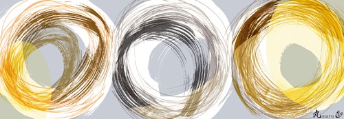Naoki Hitomi, Maru II (Abstrakt, Malerei, Modern, Linien, Kreise, Dynamik, Bewegung, Wunschgröße, Wohnzimmer, Büro, Treppenhaus, grau / gelb / weiß)