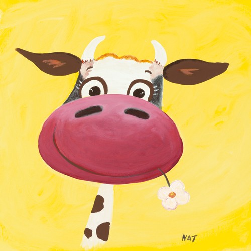 NAT, Autoportrait (Wunschgröße, Malerei, Kuh, fröhliche Kuh, lachende Kuh,Kuhportrait, komisch, lustig, witzig, Kinderzimmer, Treppenhaus, bunt)