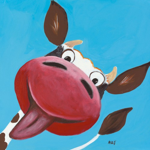 NAT, Coucou c`est moi (Wunschgröße, Malerei, Kuh, fröhliche Kuh, lachende Kuh, Kuhportrait, komisch, lustig, witzig, Kinderzimmer, Treppenhaus, bunt)