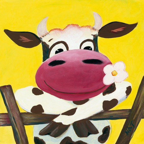 NAT, Je pense  toi (Wunschgröße, Malerei, Kuh, fröhliche Kuh, Blume, Kuhportrait, komisch, lustig, witzig, Kinderzimmer, Treppenhaus, bunt)