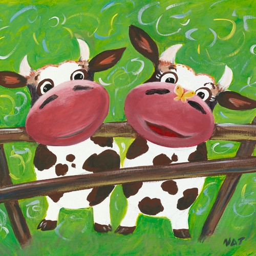 NAT, Le printemps (Wunschgröße, Malerei, Kühe, fröhliche Kühe, lachende Kuh, Gatter, Zaun, Frühling, Schmetterling, komisch, lustig, witzig, Kinderzimmer, Treppenhaus, bunt)