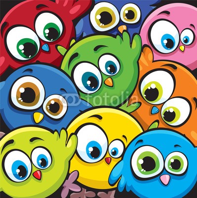 Natali Snailcat, Cartoon birds (Wunschgröße, Grafik, Cartoon, bunte Küken, bunte Vögel, große Augen, lustig, witzig, fröhlich, Kinderzimmer, Treppenhaus, bunt)
