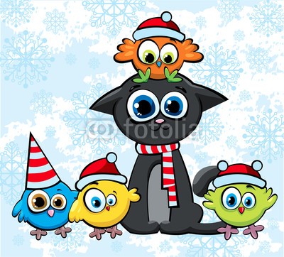 Natali Snailcat, Christmas cat and birds with hats (Wunschgröße, Grafik, Cartoon, Küken, Vögel, Weihnachten, Weihnachtmützen, Katze, Weihnachtskatze, große Augen, lustig, witzig, fröhlich, Kinderzimmer, Treppenhaus, bunt)