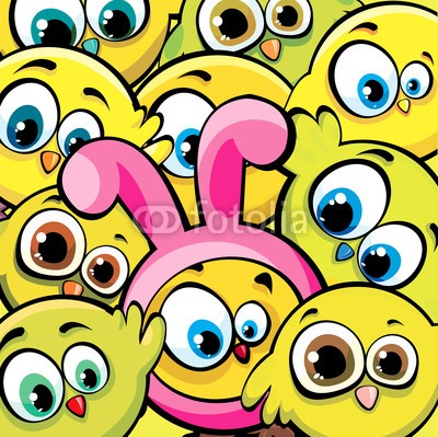 Natali Snailcat, Easter background with chicken looks like a bunny (Grafik, Cartoon, Hasenkstüm, rosa Hasenkostüm, gelbe Küken, ostern,  große Augen, lustig, witzig, fröhlich, Kinderzimmer, Treppenhaus, bunt)