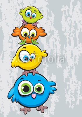 Natali Snailcat, Family of birds (Grafik, Cartoon, bunte Küken, bunte Vögel, Vogelfamilie, Turm, große Augen, lustig, witzig, fröhlich, Kinderzimmer, Treppenhaus, bunt)