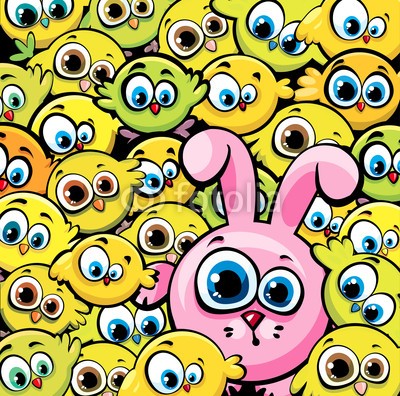 Natali Snailcat, Pink bunny and yellow chickens (Wunschgröße, Grafik, Cartoon, Hase, rosa Hase, gelbe Küken, große Augen, Ostern, lustig, witzig, fröhlich, Kinderzimmer, Treppenhaus, bunt)
