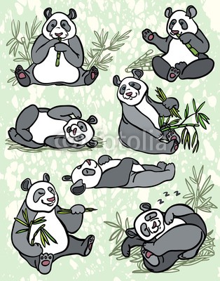 Natali Snailcat, Set of cartoon panda (tier, kunst, asien, asiatisch, baby, rücken, hintergrund, bär, schwarz, karte, cartoons, kind, china, hübsch, entwerfen, zeichnung, stoff, spaß, grafik, freudig, abbildung, little, liebe, säugetier, natürlich, natur, panda, lächeln, süss, vekto)