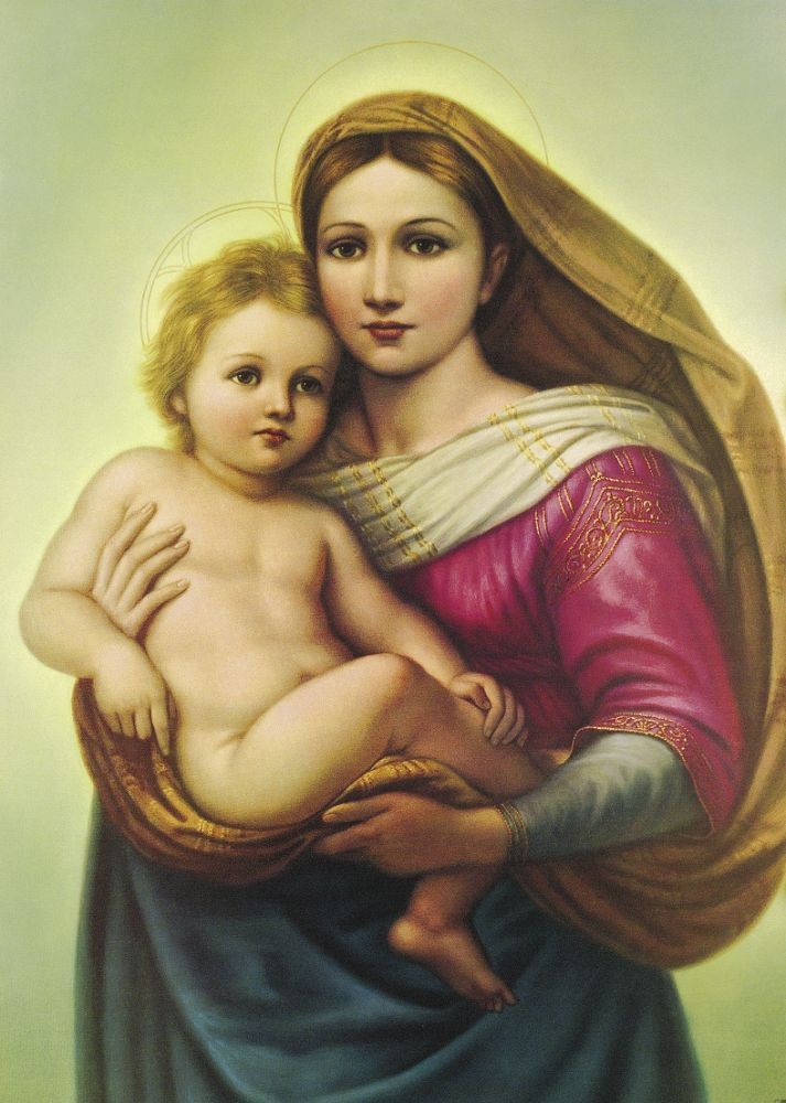 Nach Raffael, Madonna Sixtina (Romantik,  Drucke, alte Klassiker, Sixtinische Madonna, Engel, religiös, Kopie, Schlafzimmer, Wohnzimmer, bunt)