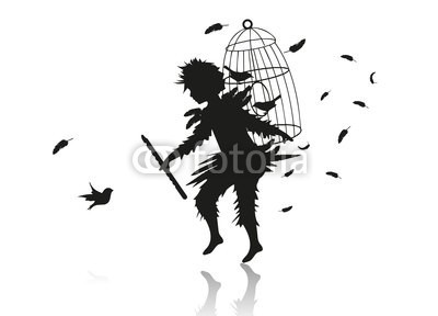 namosh, Der Vogelfänger (flöte, käfig, federn, gefangener, spielen, röhren, fliege, gefangenschaft, oper, musik, szene, junge, silhouette, theater, schatten, gefieder, silhouette, tanzen, gesang, aufführung, kunst, original, muster, vektor, ausschnitt, phantasie, wese)
