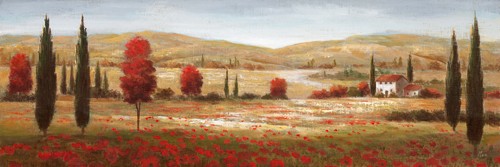 Nan, Tuscan Poppies I (Wunschgröße, Malerei, Italien, Toskana, Felder, Landschaft, Zypressen, Bäume, Mohnblumen, Hügellandschaft, Stille, Ruhe, Wohnzimmer, Treppenhaus, bunt)