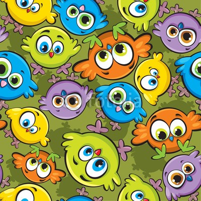 Natali Snailcat, Wallpaper with birds (Grafik, Cartoon, bunte Küken, bunte Vögel, große Augen, lustig, witzig, fröhlich, Kinderzimmer, Treppenhaus, bunt)