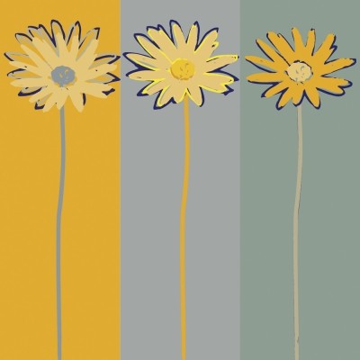 Rod Neer, Marguerite On Stripes (Blumen, Blüten, Gänseblümchen, modern, stilisiert,  Pop/Op Art, Pop Art, Kult, Vintage, Wohnzimmer, Treppenhaus, Esszimmer, Badezimmer, bunt)