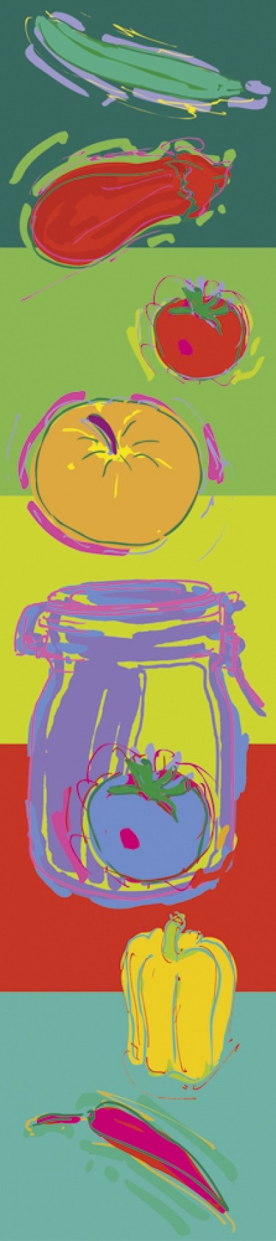 Rod Neer, Mixed Cuisine II (Einweckglas) (Gemüse, Einmachglas, Pop/Op Art, Pop Art, Kult, Vintage, Wohnzimmer, Küche, Esszimmer, Treppenhaus, Bistro, Restaurant, bunt)