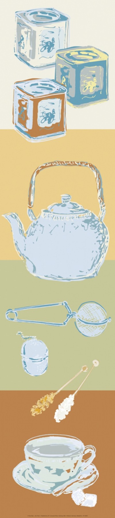 Rod Neer, Tea Time I (Tee, Teesieb, Teedose, Teetasse, Teekanne, Kandiszucker, Pop/Op Art, Pop Art, Kult, Vintage, Wohnzimmer, Küche, Esszimmer, Treppenhaus, Bistro, Teestube, bunt)