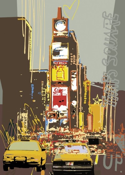 Rod Neer, Times Square (Time, Square, New York, gelbe Taxis, Architektur, Gebäude, Pop/Op Art, Pop Art, Kult, Vintage, Wohnzimmer, Treppenhaus, Jugendzimmer, bunt)
