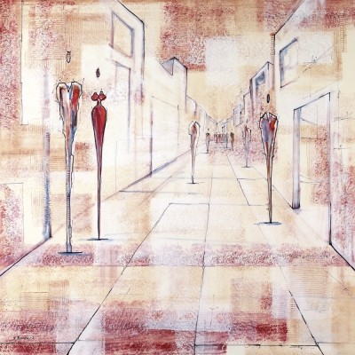 Neumark Joram, Streetlife II (Brown) (Personen, Stadt, Straße, körperlos, modern, abstrahiert, Figurativ, zeitgenössische Malerei, Wohnzimmer, Treppenhaus, Büro, bunt)