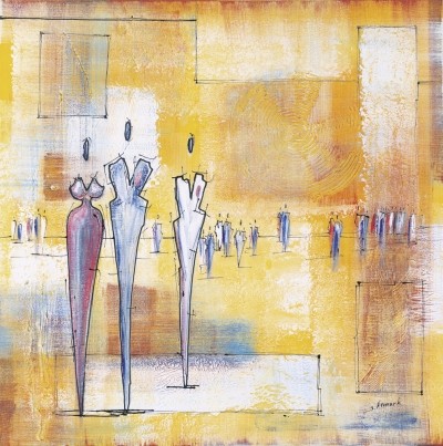 Neumark Joram, Walk On By I (Orange) (Personen,  Platz, körperlos, modern, abstrahiert, Figurativ, zeitgenössische Malerei, Wohnzimmer, Treppenhaus, Büro, bunt)